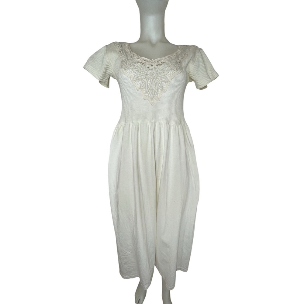 VTG Waffle Knit Dress Lace Collar Set Cottagecore Prairie Country Cotton SZ S